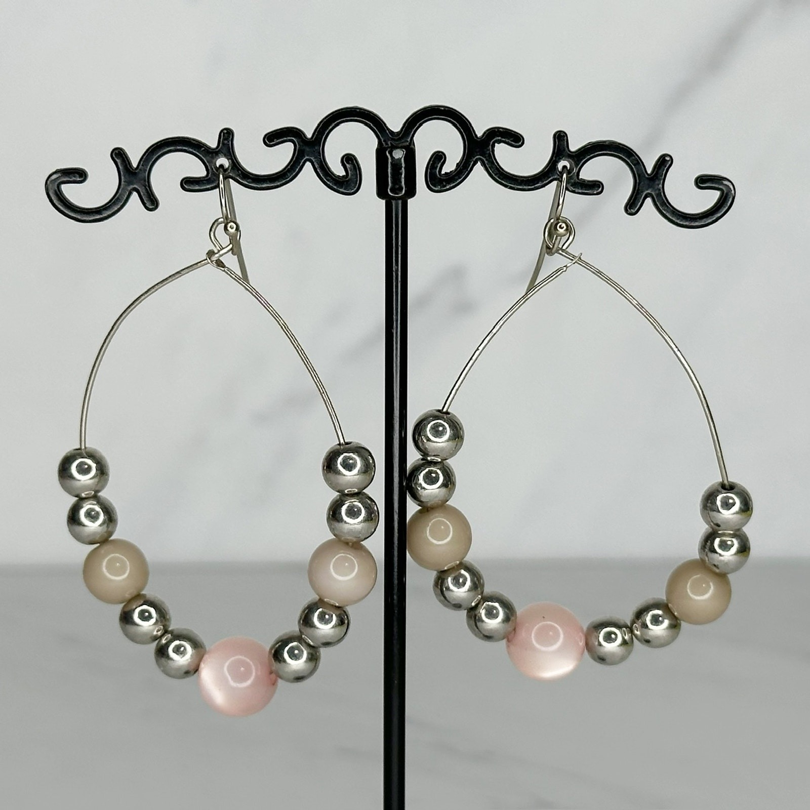 Beaded Hoop Earrings Silver Tone Pink Tan Pierced